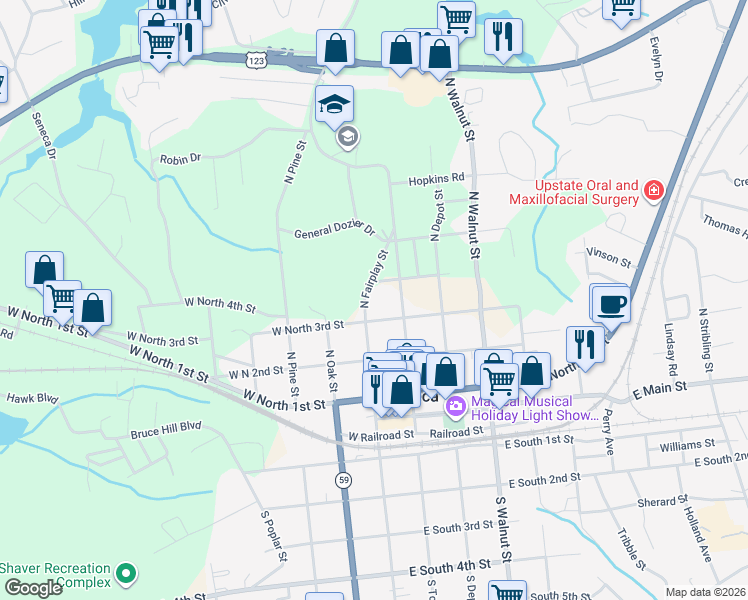 map of restaurants, bars, coffee shops, grocery stores, and more near 404 North Fairplay Street in Seneca