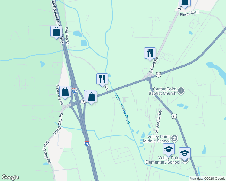 map of restaurants, bars, coffee shops, grocery stores, and more near 252 South Bypass in Dalton