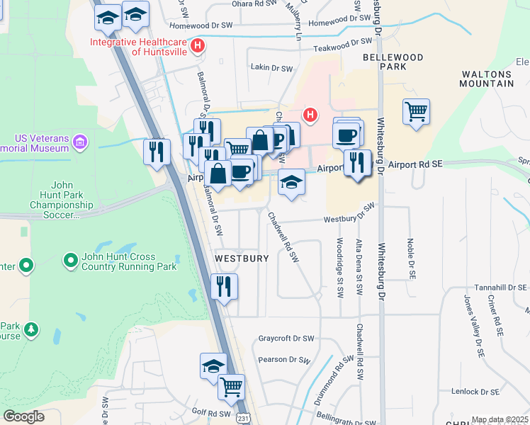 map of restaurants, bars, coffee shops, grocery stores, and more near 201 Queensbury Drive Southwest in Huntsville