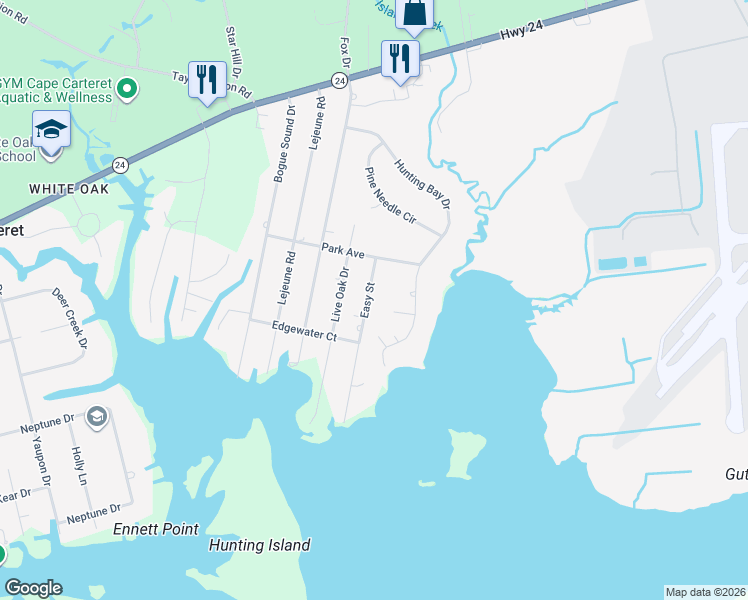 map of restaurants, bars, coffee shops, grocery stores, and more near 211 Easy Street in Cape Carteret