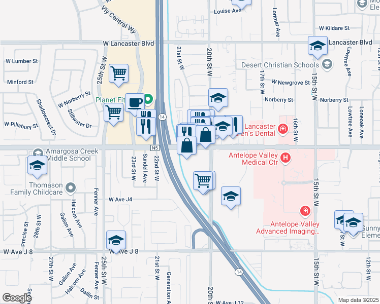 map of restaurants, bars, coffee shops, grocery stores, and more near 2062 West Avenue J in Lancaster