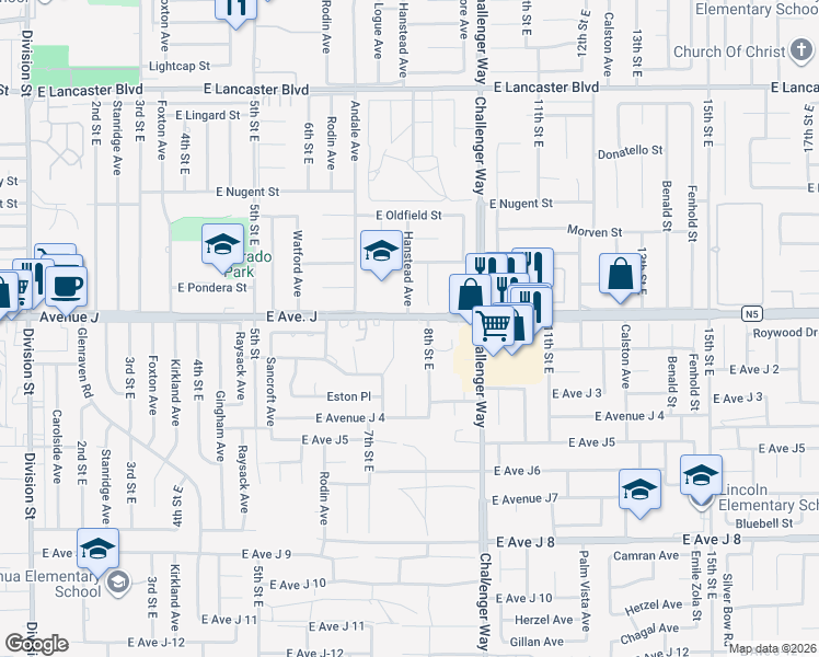 map of restaurants, bars, coffee shops, grocery stores, and more near 750 East Avenue J in Lancaster