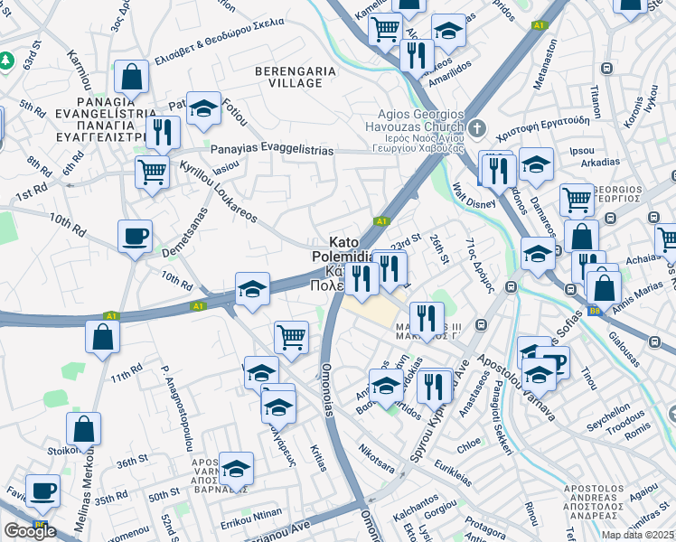 map of restaurants, bars, coffee shops, grocery stores, and more near Polemidion Roundabout in Kato Polemidia