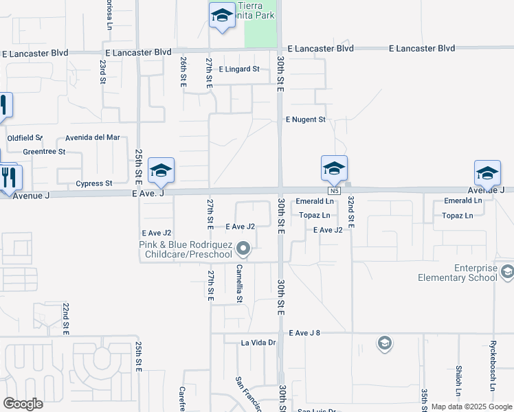 map of restaurants, bars, coffee shops, grocery stores, and more near 2822 Emerald Lane in Lancaster