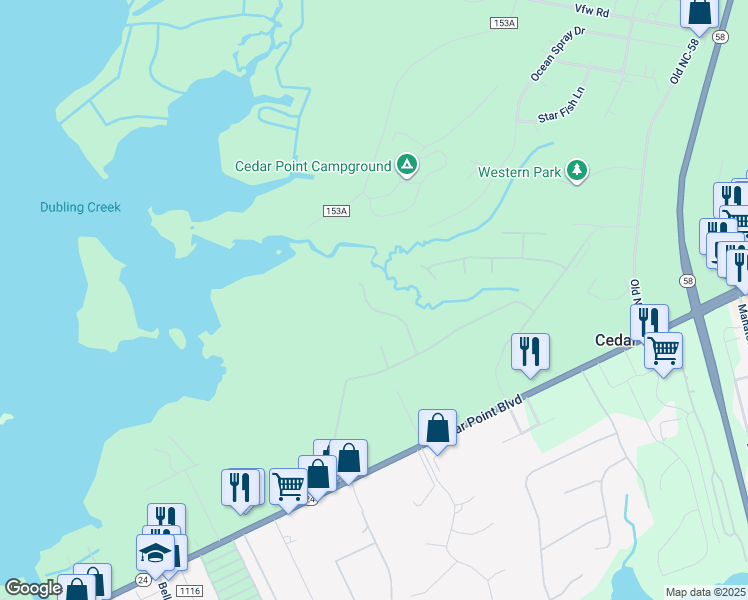 map of restaurants, bars, coffee shops, grocery stores, and more near 120 Sweet Grass Trail in Cedar Point