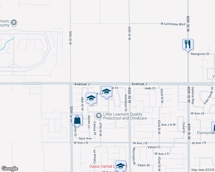 map of restaurants, bars, coffee shops, grocery stores, and more near 4629 Jade Court in Lancaster