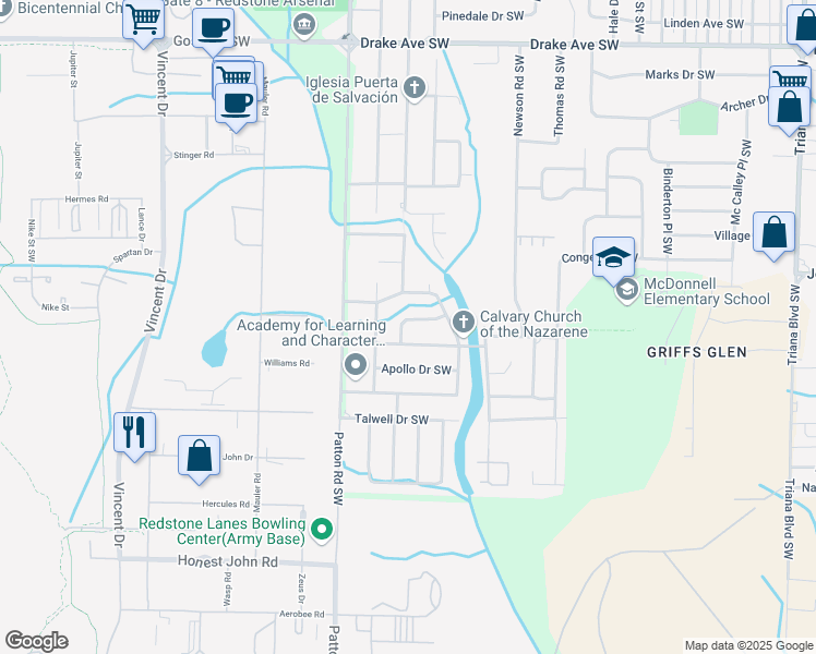 map of restaurants, bars, coffee shops, grocery stores, and more near 4011 Patty Ann Dr SW in Huntsville