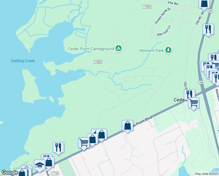map of restaurants, bars, coffee shops, grocery stores, and more near 120 Sweet Grass Trail in Cedar Point