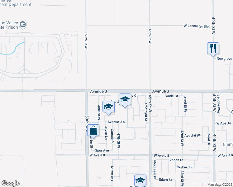 map of restaurants, bars, coffee shops, grocery stores, and more near 44355 47th Street West in Lancaster