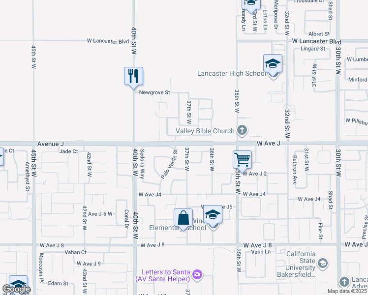 map of restaurants, bars, coffee shops, grocery stores, and more near 44339 37th Street West in Lancaster