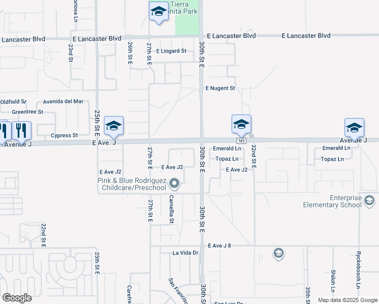 map of restaurants, bars, coffee shops, grocery stores, and more near 2822 Emerald Lane in Lancaster