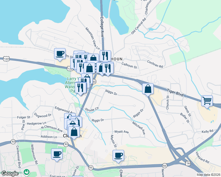 map of restaurants, bars, coffee shops, grocery stores, and more near 264 Riggs Drive in Clemson