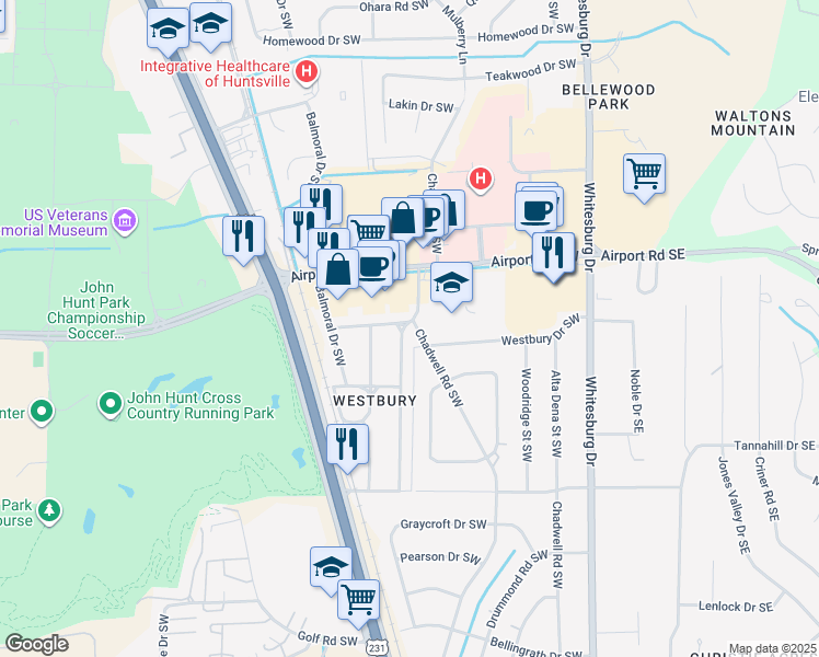 map of restaurants, bars, coffee shops, grocery stores, and more near 201 Queensbury Drive Southwest in Huntsville