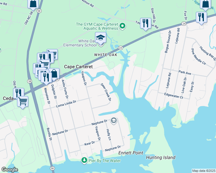 map of restaurants, bars, coffee shops, grocery stores, and more near 515 Deer Creek Dr in Cape Carteret