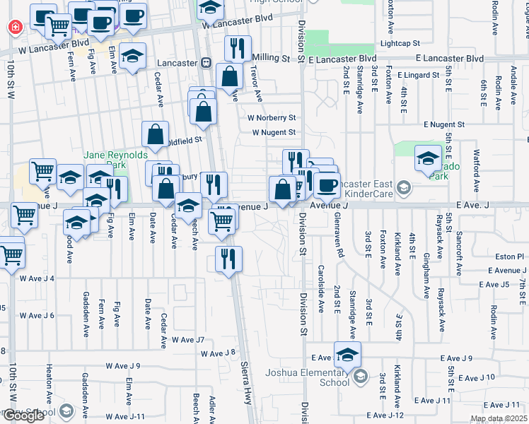 map of restaurants, bars, coffee shops, grocery stores, and more near 204 West Avenue J in Lancaster