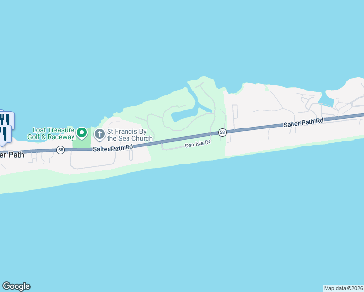 map of restaurants, bars, coffee shops, grocery stores, and more near Sea Isle Plantation in Indian Beach