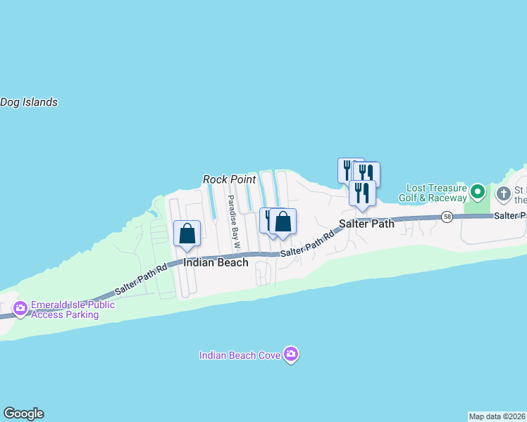 map of restaurants, bars, coffee shops, grocery stores, and more near K Row in Salter Path