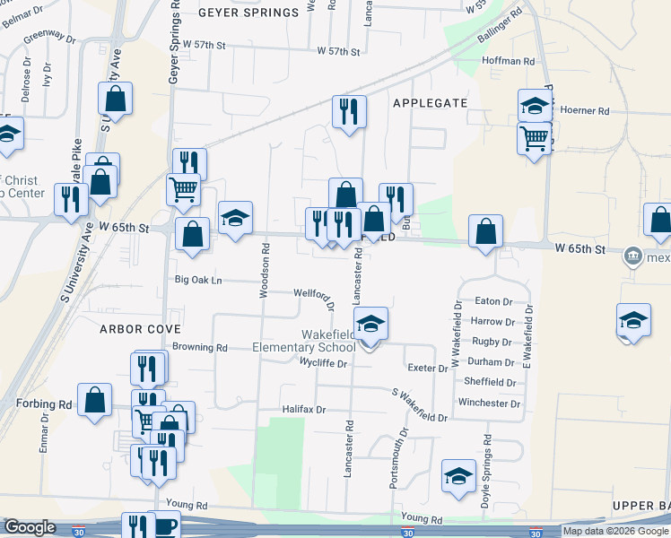 map of restaurants, bars, coffee shops, grocery stores, and more near 6600 Lancaster Road in Little Rock