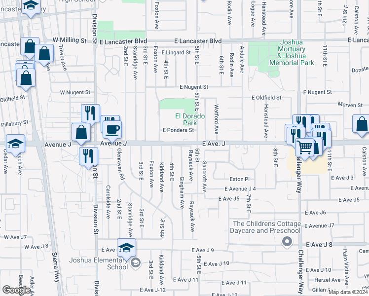 map of restaurants, bars, coffee shops, grocery stores, and more near 44330 Raysack Avenue in Lancaster