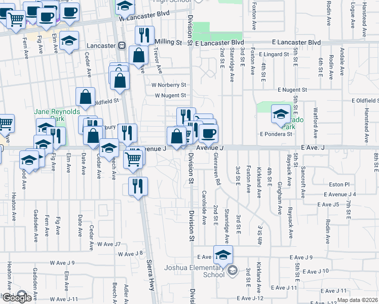 map of restaurants, bars, coffee shops, grocery stores, and more near 26 Avenue J in Lancaster
