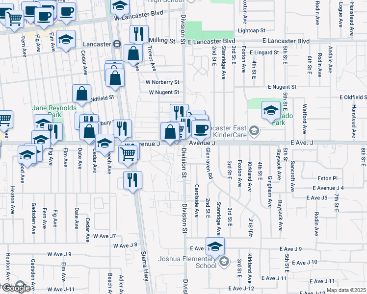 map of restaurants, bars, coffee shops, grocery stores, and more near 2 Avenue J in Lancaster