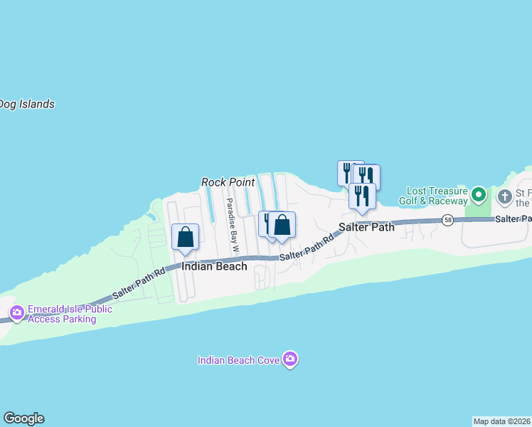 map of restaurants, bars, coffee shops, grocery stores, and more near K Row in Indian Beach