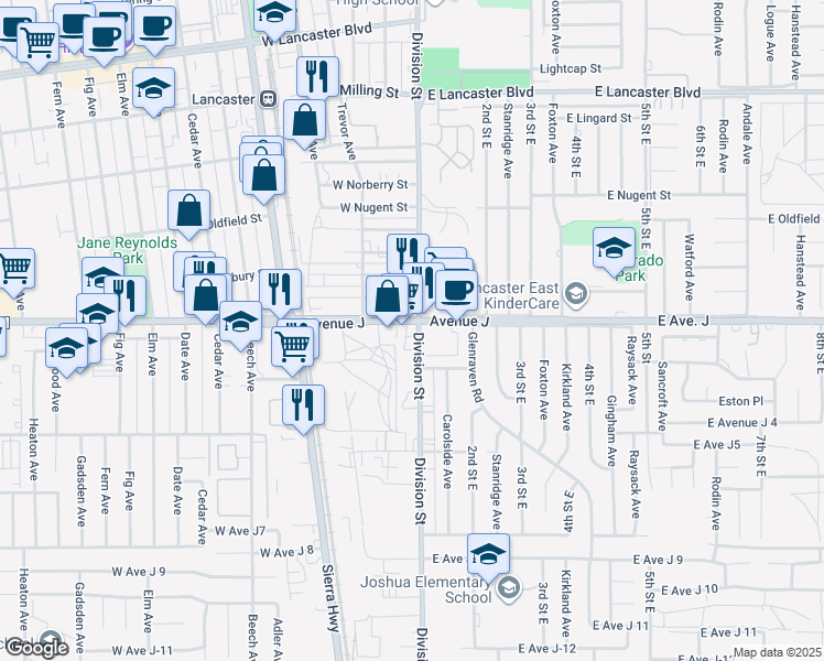 map of restaurants, bars, coffee shops, grocery stores, and more near 2 East Avenue J 2 in Lancaster