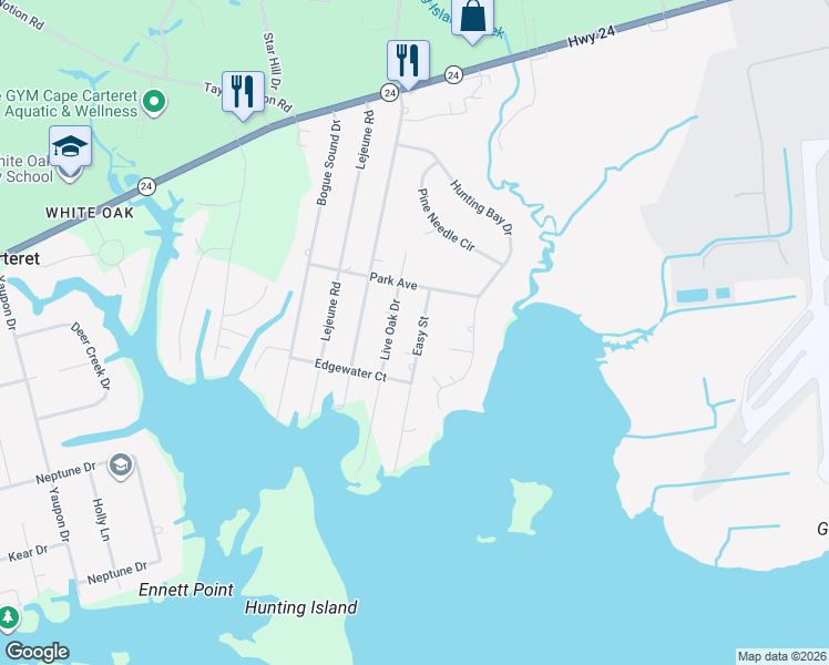 map of restaurants, bars, coffee shops, grocery stores, and more near 211 Easy Street in Cape Carteret
