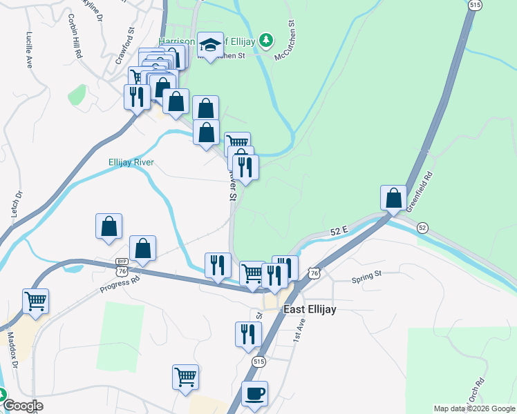 map of restaurants, bars, coffee shops, grocery stores, and more near 1-99 Depot Place in Ellijay