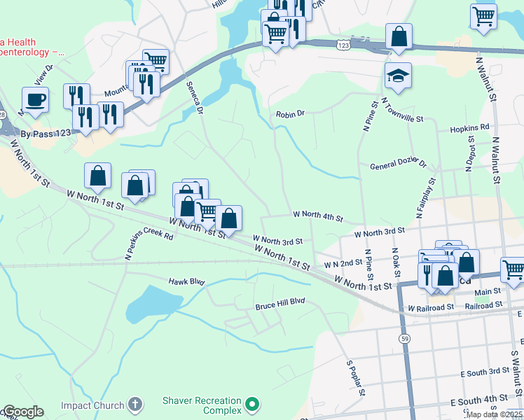 map of restaurants, bars, coffee shops, grocery stores, and more near 501 Seneca Drive in Seneca