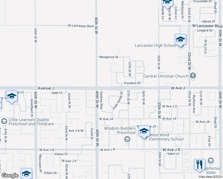map of restaurants, bars, coffee shops, grocery stores, and more near 3810 West Avenue J in Lancaster