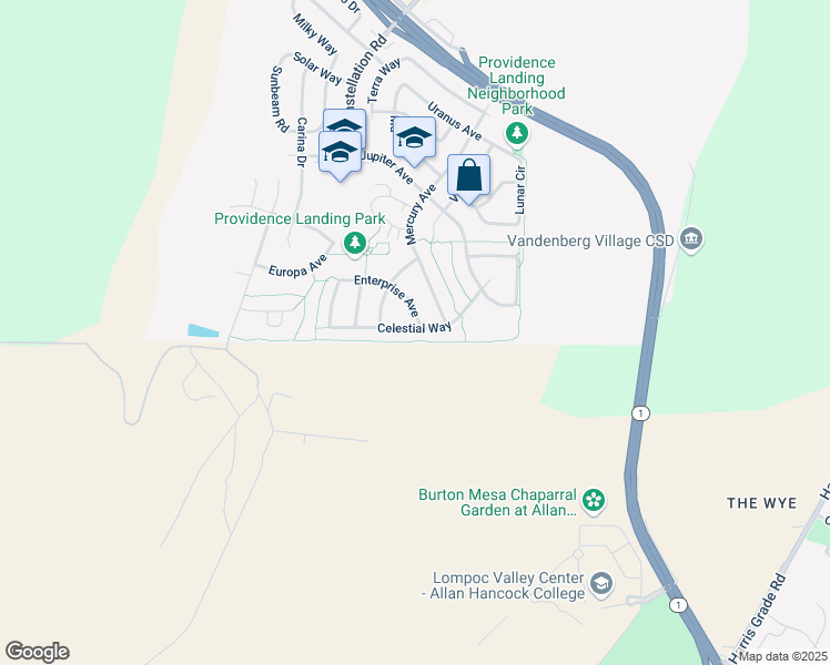 map of restaurants, bars, coffee shops, grocery stores, and more near 3862 Celestial Way in Lompoc
