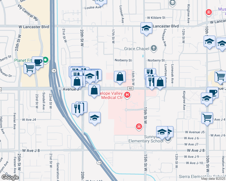 map of restaurants, bars, coffee shops, grocery stores, and more near 1672 West Avenue J in Lancaster