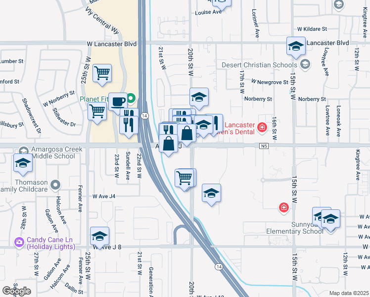 map of restaurants, bars, coffee shops, grocery stores, and more near 2062 West Avenue J in Lancaster
