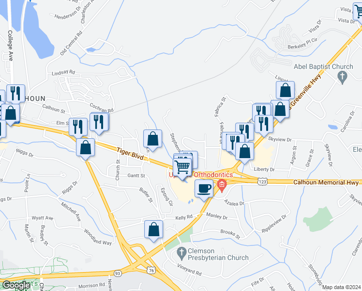 map of restaurants, bars, coffee shops, grocery stores, and more near 114 Pressley Drive in Clemson