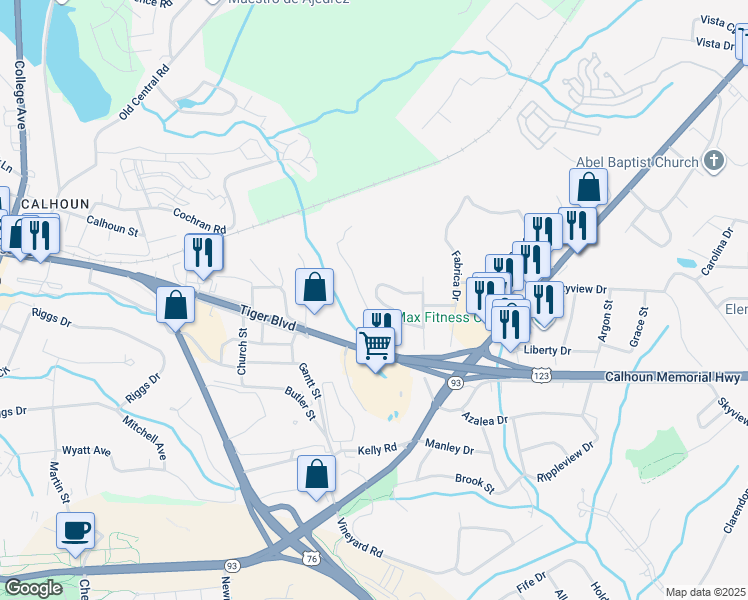 map of restaurants, bars, coffee shops, grocery stores, and more near 114 Pressley Drive in Clemson