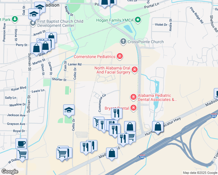 map of restaurants, bars, coffee shops, grocery stores, and more near 451 Lanier Road in Madison