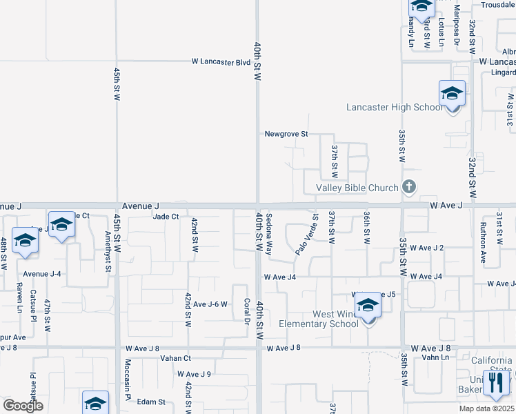 map of restaurants, bars, coffee shops, grocery stores, and more near West Avenue J & 40th Street West in Lancaster
