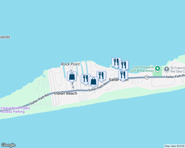 map of restaurants, bars, coffee shops, grocery stores, and more near 122 Ballpark Road in Salter Path