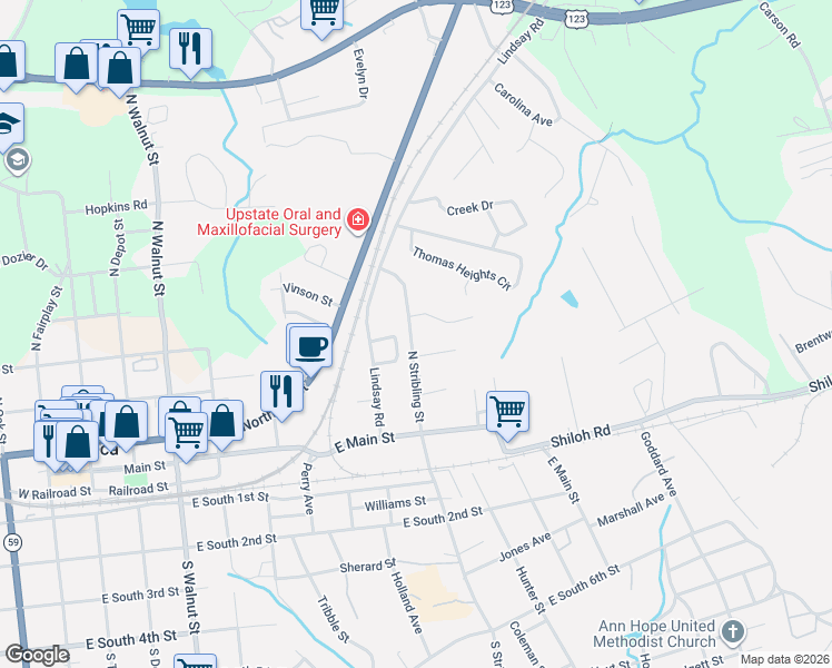 map of restaurants, bars, coffee shops, grocery stores, and more near 308 North Stribling Street in Seneca