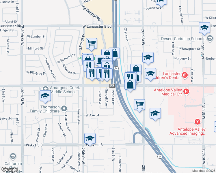 map of restaurants, bars, coffee shops, grocery stores, and more near 44351 Sundell Avenue in Lancaster