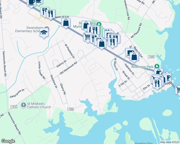 map of restaurants, bars, coffee shops, grocery stores, and more near 203 Villagers Way in Swansboro