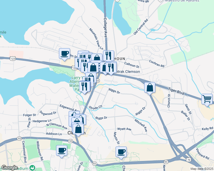 map of restaurants, bars, coffee shops, grocery stores, and more near 272 Riggs Drive in Clemson