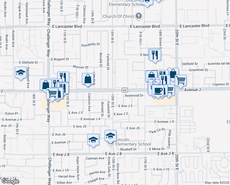 map of restaurants, bars, coffee shops, grocery stores, and more near 44353 Downsview Road in Lancaster