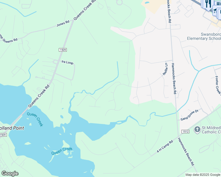 map of restaurants, bars, coffee shops, grocery stores, and more near 202 Oak Hammock Court in Swansboro