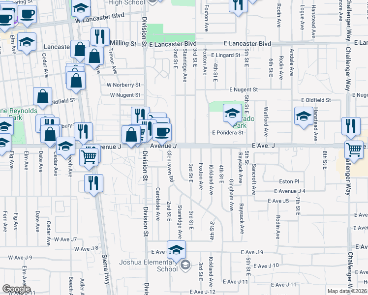 map of restaurants, bars, coffee shops, grocery stores, and more near 250 East Avenue J in Lancaster