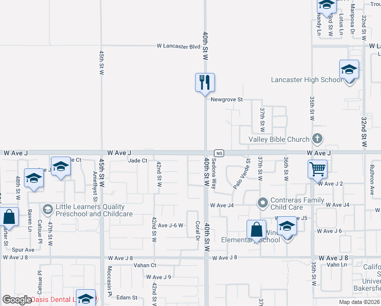 map of restaurants, bars, coffee shops, grocery stores, and more near 4033 Vía Constance in Lancaster