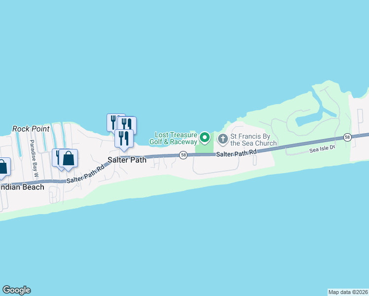 map of restaurants, bars, coffee shops, grocery stores, and more near in Indian Beach