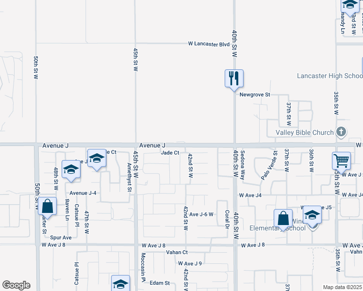 map of restaurants, bars, coffee shops, grocery stores, and more near 4244 West Avenue J in Lancaster