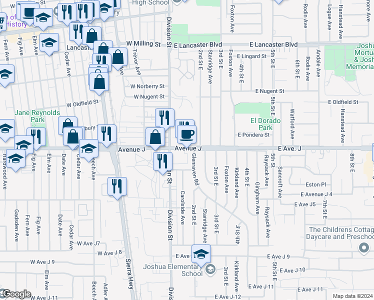 map of restaurants, bars, coffee shops, grocery stores, and more near 2 East Avenue J 13 in Lancaster